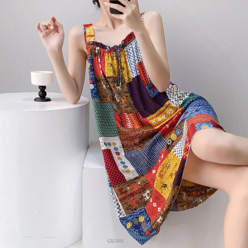 Korean Version of the Girl Sweet Summer Halter Nightgown Female Bowknot Full Print Sleeveless Loose Floral Sundress Home Dress