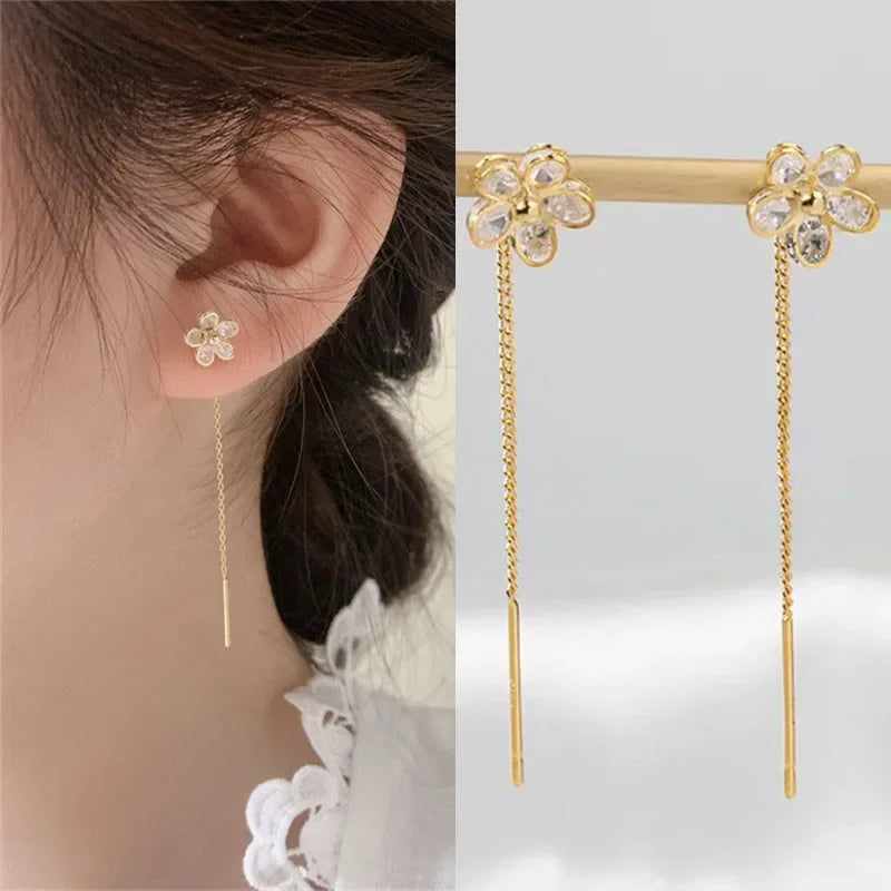 Rose Gold Threader Drop Earrings for Women Long Hanging Zircon Crystal Piercing Jewelry