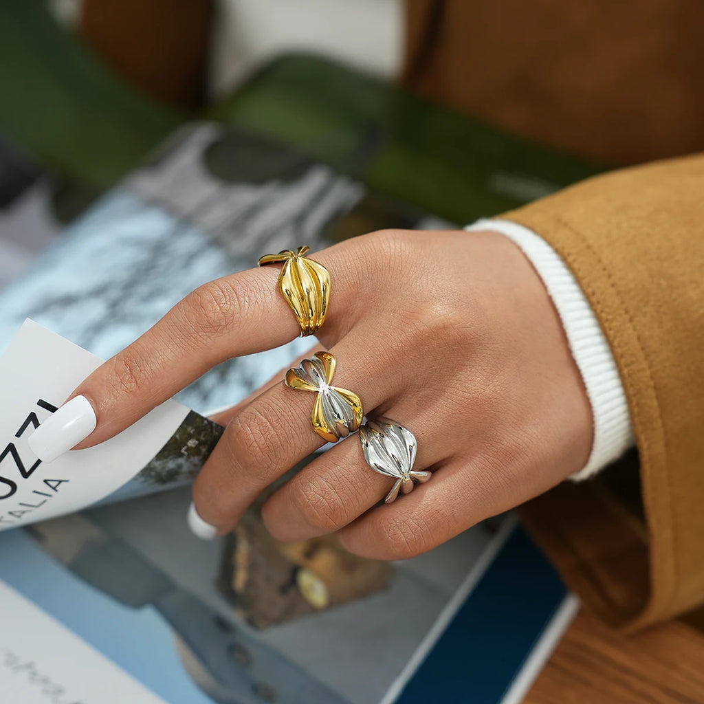Stainless Steel Open Rings For Women'S 18K Gold Plated Fashion Couple Handmade Irregular Lines Ring Jewelry For Women'S