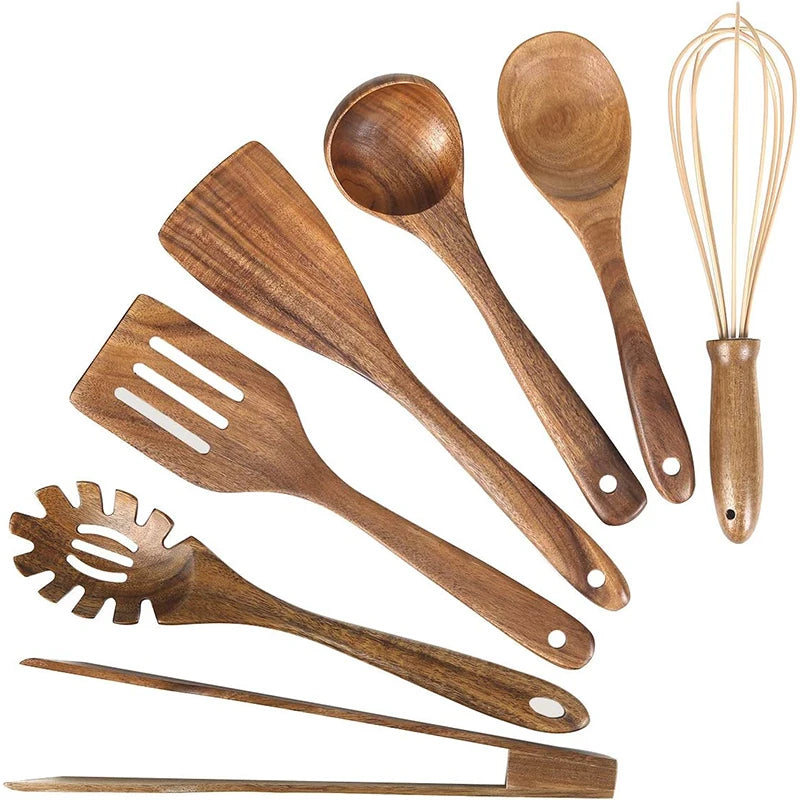LMETJMA 10 Unidades de Utensilios de Cocina de Madera de Teca Natural, Juego de Cucharas y Espátulas de Madera para Cocinar y Hornear JT503