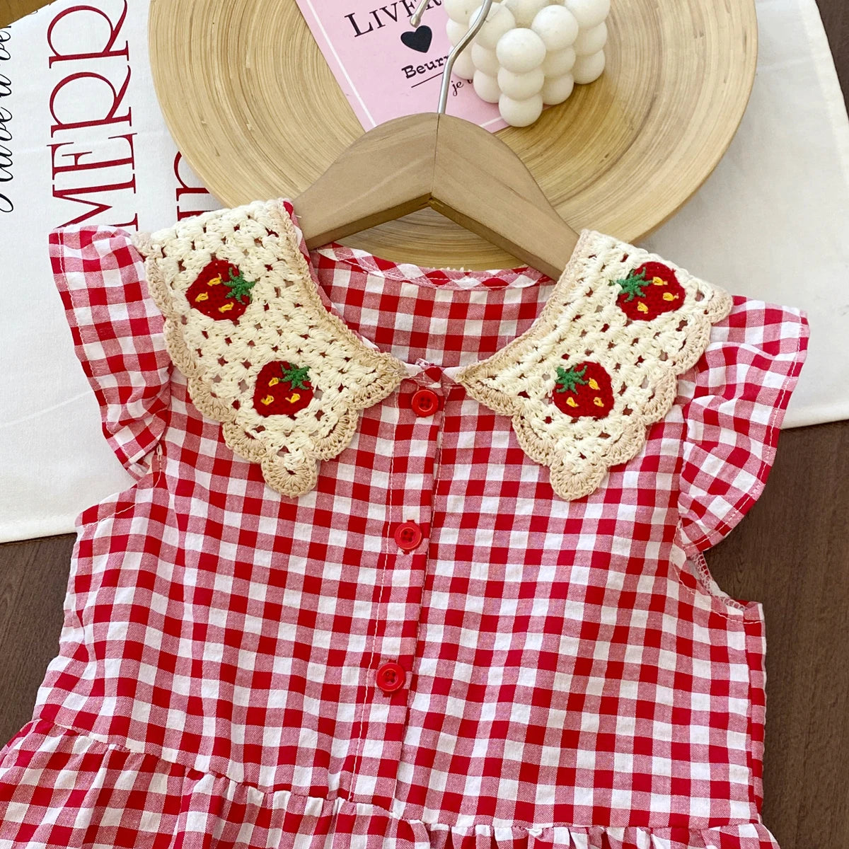 Humor Bear Girl Casual Dress 2026 New Fashion Strawberry Crochet Collar Plaid Flying Sleeve Dress Cute Outfits Girls Vestidos