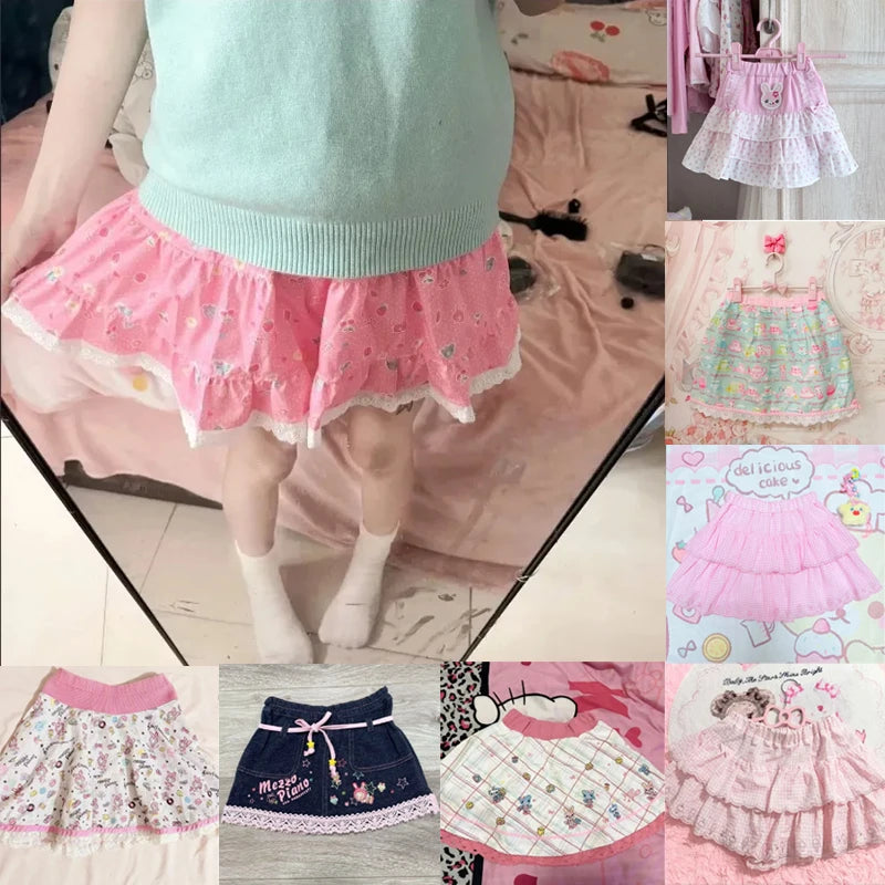 Japanese Sweet Skirt Strawberry Bunny Print Y2k Retro Bow Lace Kawaii Harajuku Subculture Casual Bottoms 2026 Summer Streetwear