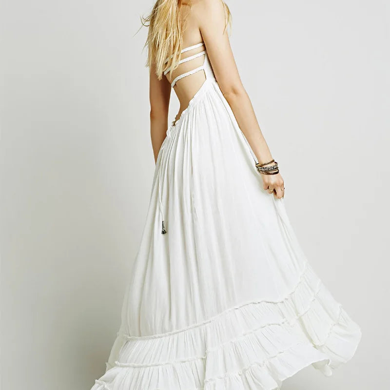 Elegant Women's Summer Beach Long Dress Sexy Backless Boho Bohemian Sundress Casual Holiday Backless Party Hippie Maxi Dresses