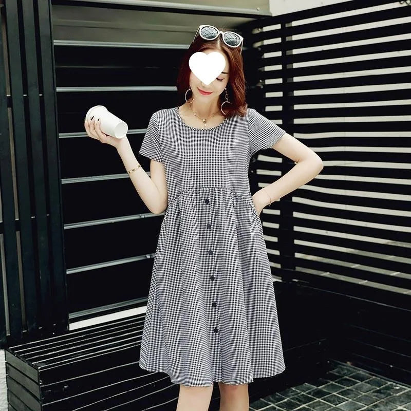 Black And White Plaid Summer Shirt Dress Women's Mid-Length Casual Outerwear Large Size Slimming Dress Artistic Retro Style
