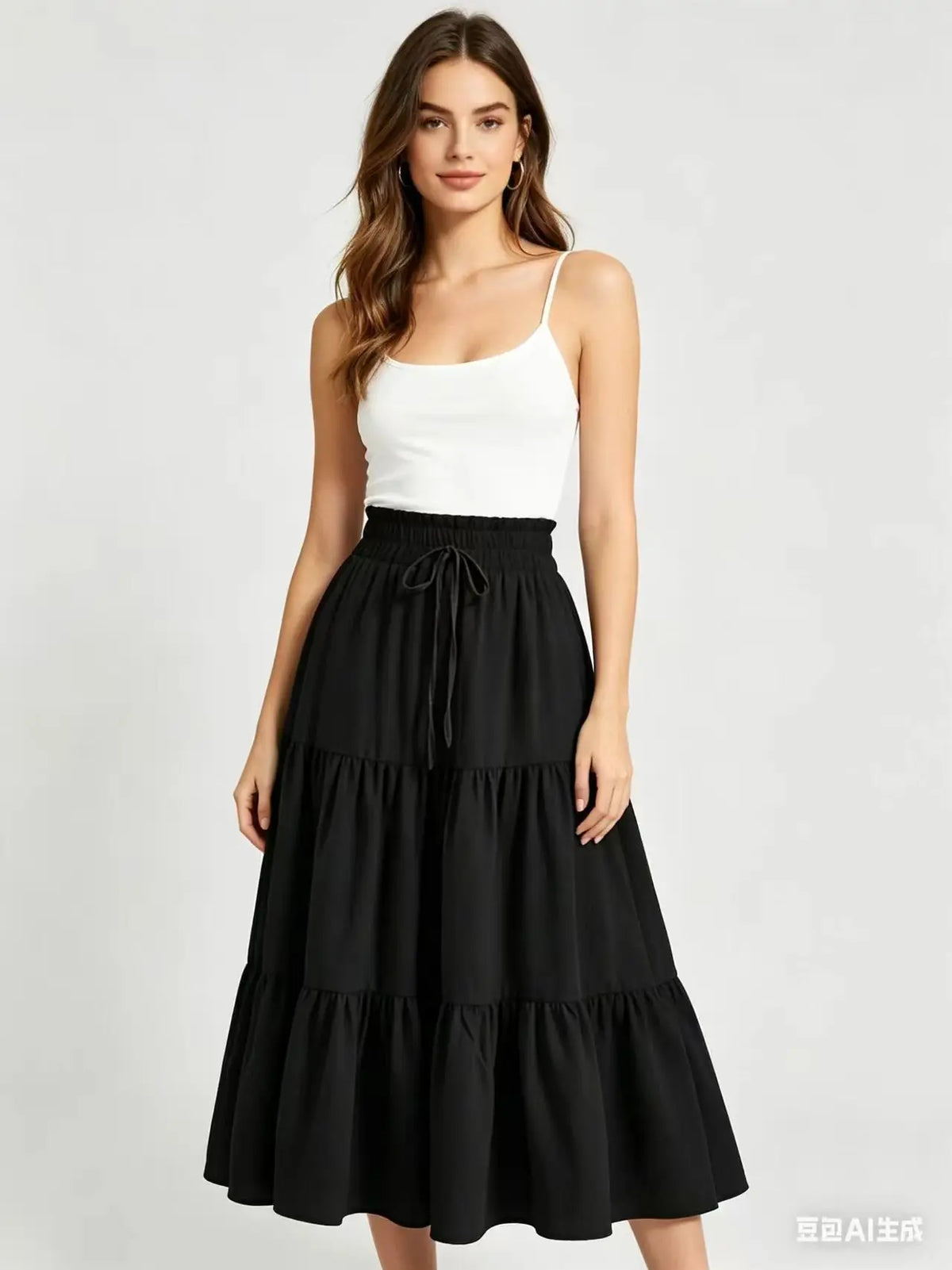 Elegant High Waist A-Line Midi Skirt with Drawstring Pure Color Women's Fashionable Versatile Half-length Skirt for Casual Tr...
