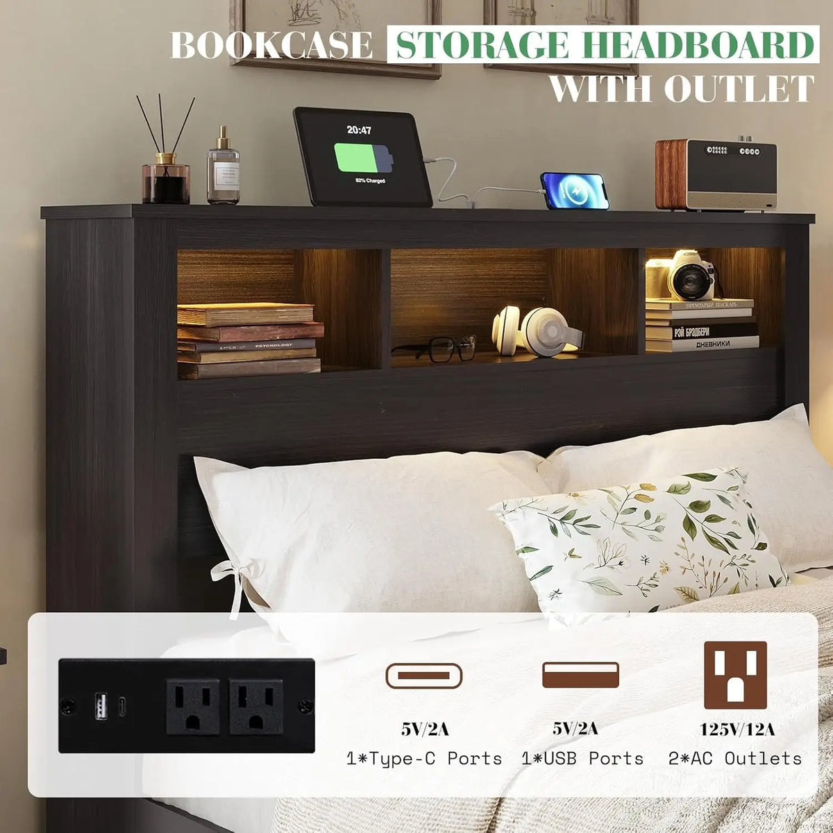 King Bed Frame with 47.2” Bookcase Storage Headboard & Footboard, Farmhouse Wooden Platform Bed with LED Light, Custom