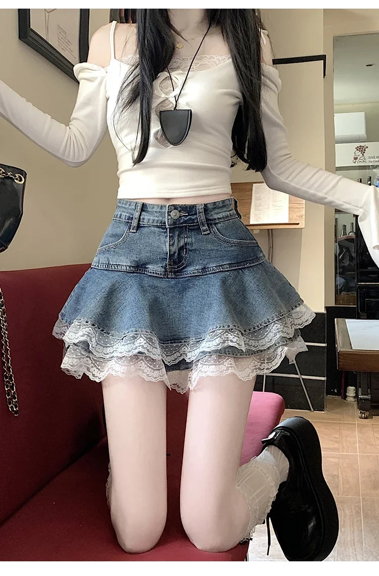 Summer Denim Skirt Women Fashion Streetwear Ruffles Kawaii Lace Skirts Shorts Preppy Mini Y2K School Pleated Jeans Skirt 2026