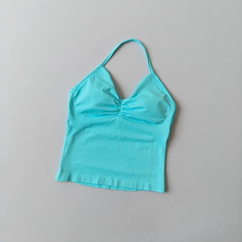 Longline Strappy Seamless Yoga Tank Top Ruched Backless Gym Workout Sleeveless Shirts with Built-in Bra Vest for Women