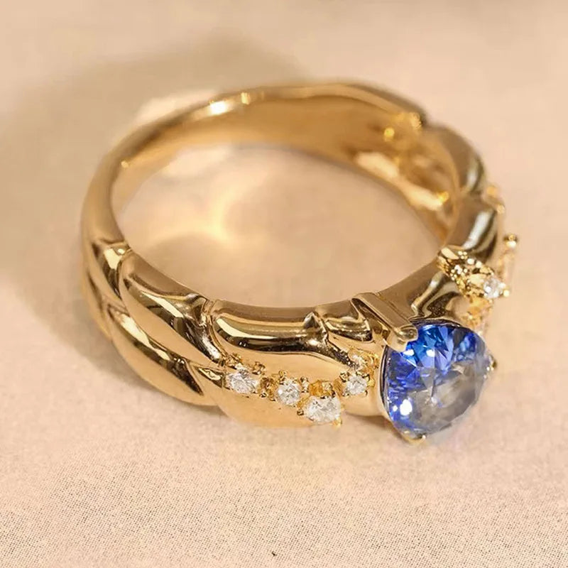 New Palace Feng Shui Blue Zircon Ring with Female Design, Personalized Temperament, Trendy Elegance, Old Money Style Jewelry