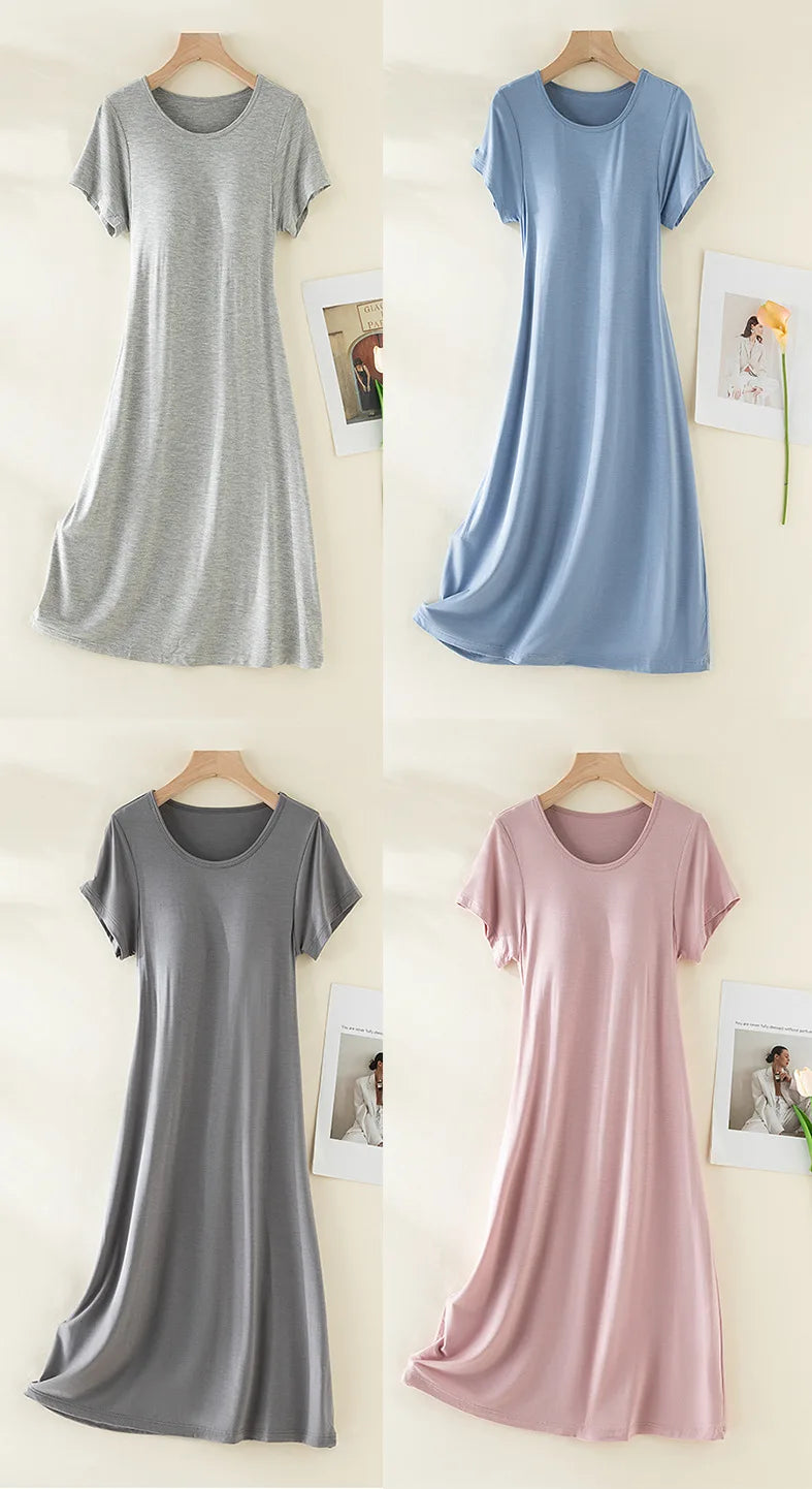 Summer Night Dress Modal Chest Pad Loose Casual Medium and Long Short Sleeved Home Nightgowns Women Sleepwear Night Gown M-3XL