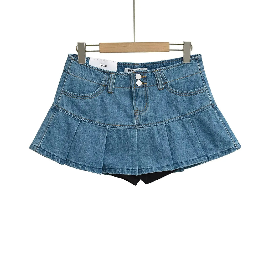 4 colors 2025 Y2K Low Waist Pleated Mini Skirt American Retro Women Package Hips Ruffles Short Skater Skirts With Shorts lining