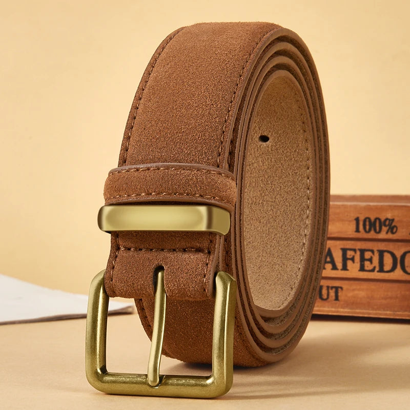 Luxury Suede Cowhide Leather Belt For Women'S, Vintage Style With Gold Buckle, 3.5Cm Wide Waistband For Dresses & Jeans 2042