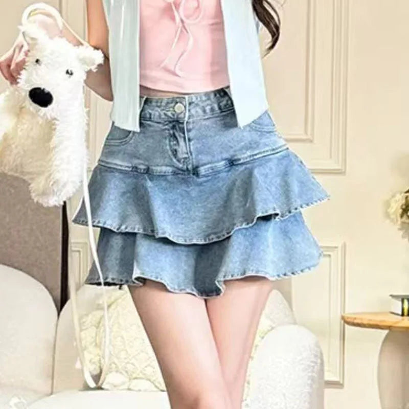 American High Waist A-word Denim Skirt Summer Cake Fluffy Skirt Women's Culottes
