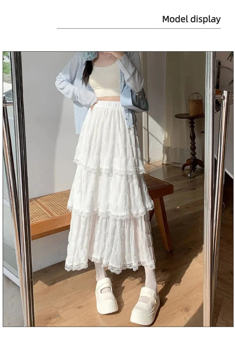Sweet Lace Ruffles Long Skirt Women Summer Cute Puff Cake A Line Skirt Woman Korean Style High Waist White Chiffon Tulle Skirt