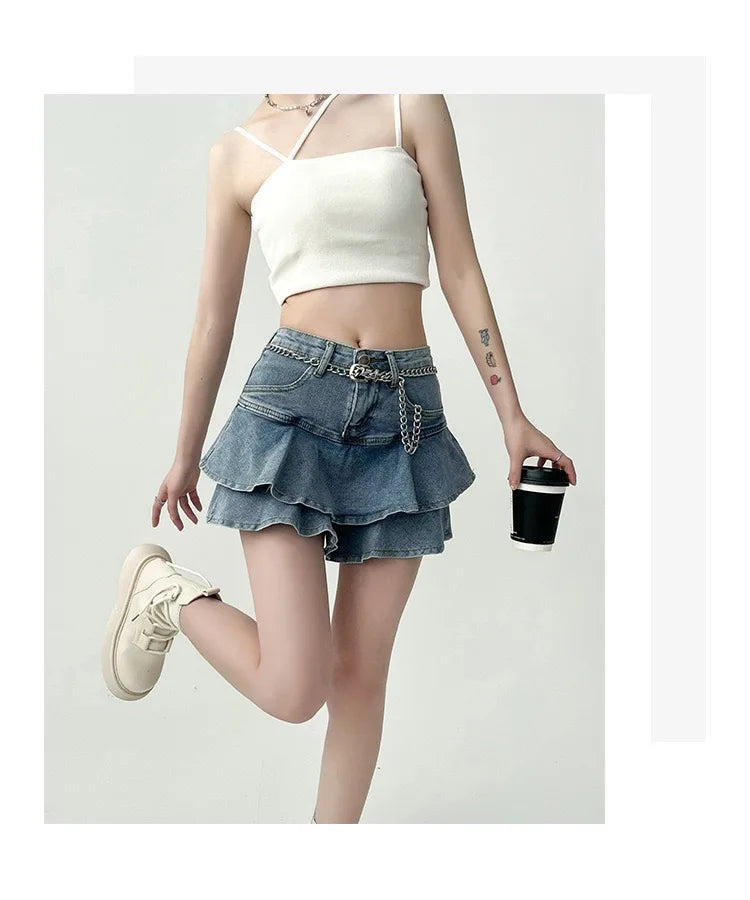 Summer Women High Waist Denim Cake Skirt A-Line Bodycon Mini Skort Casual E-Girl Street Skirt