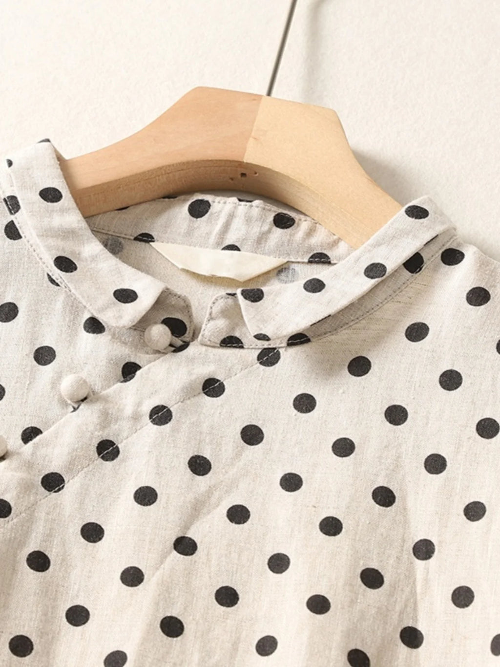 Summer Vintage Polka Dot Cotton Lin Short Sleeve Women's Dress Loose Slimming Gown Side Buttoned Midi Skirt A-Line Dress
