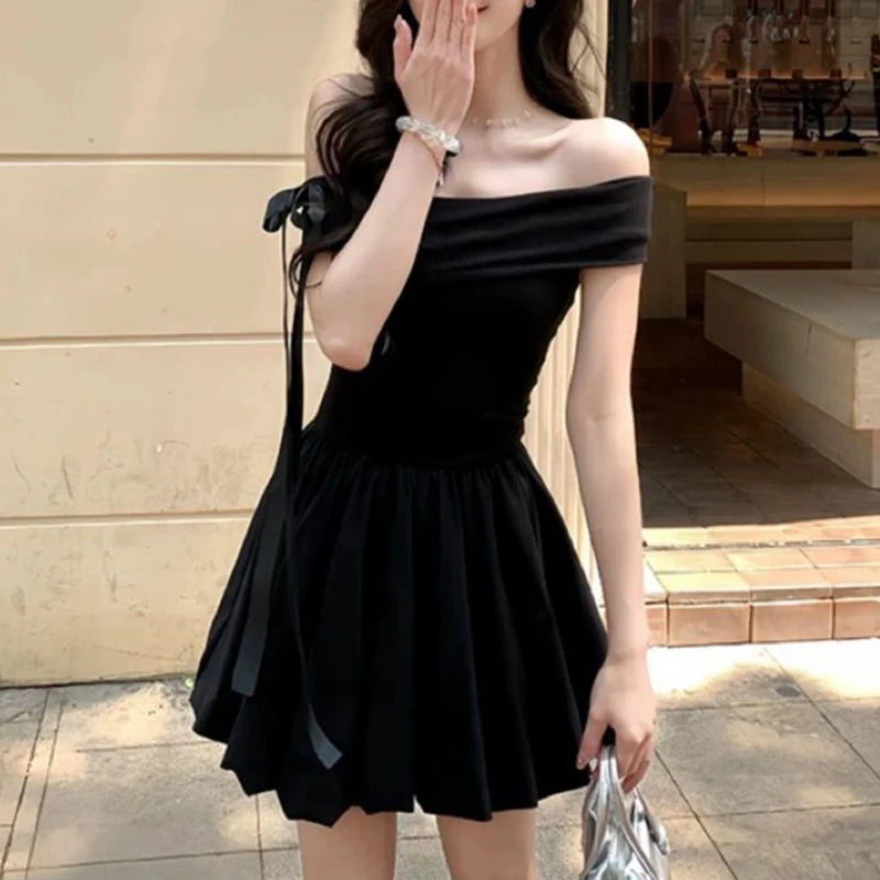 Black Off Shoulder Mini Dress With Bow Decor Ruched Waist Flared Silhouette For Women