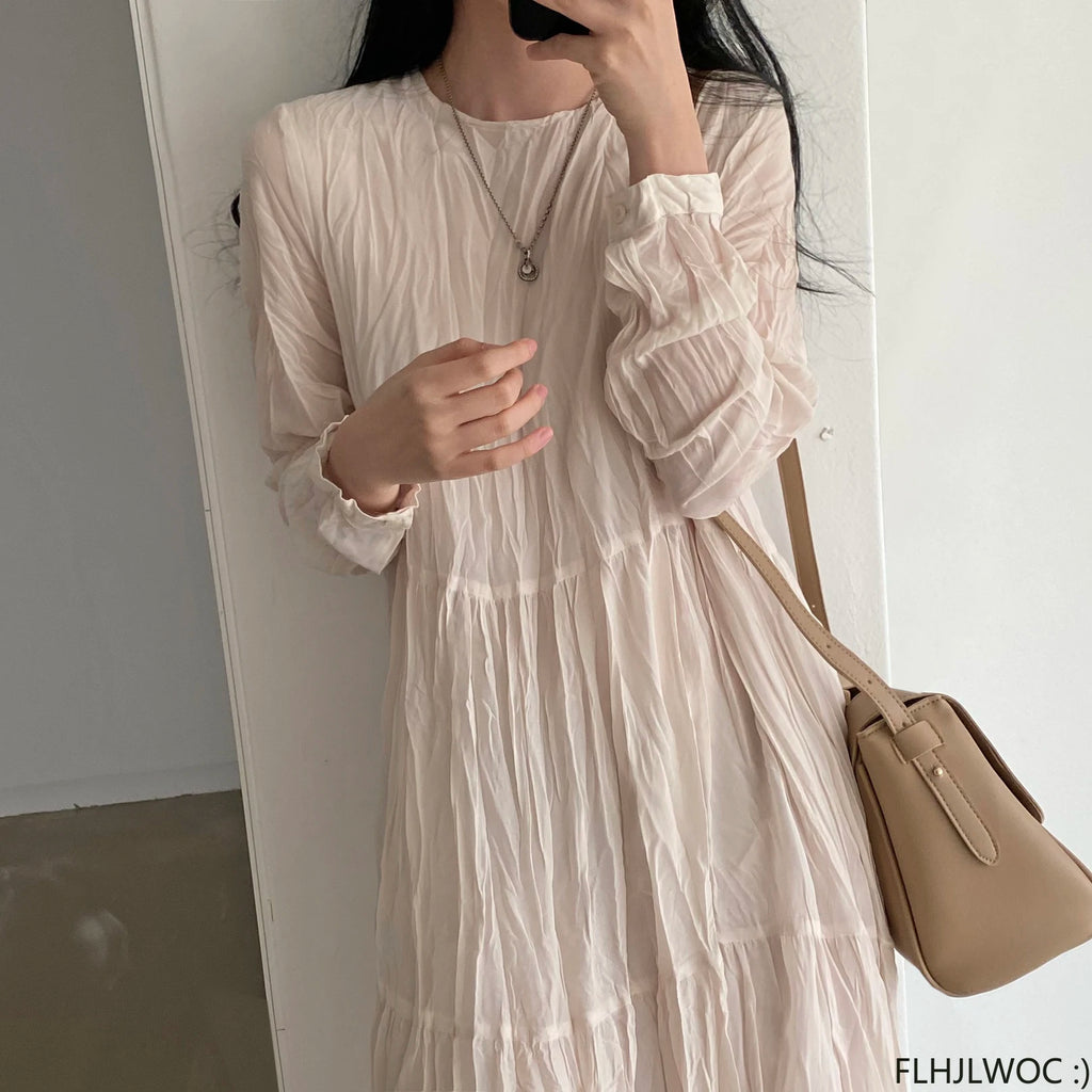 Autumn Spring Wrinkle Loose Dresses New Hot Women Cute Japan Style Retro Vintage Girls Holiday Casual Solid Apricot White Dress