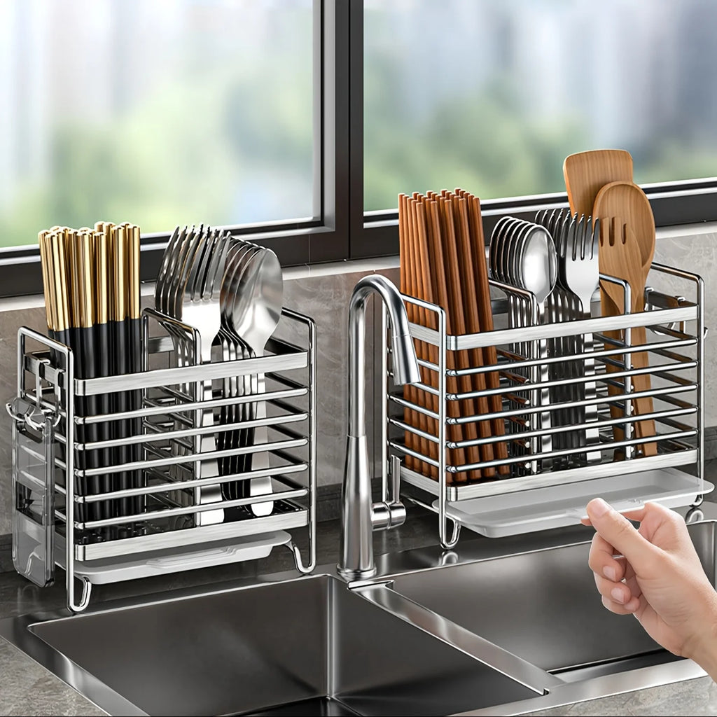 Porta Utensilios de Cocina Montado en Pared sin Taladrar. Organizador de Acero In Inoxidable que Ahorra Espacio para Cubiertos, Ideal para Espacios Pequeños.