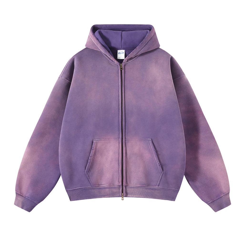 Men'S Zip Up Hoodies Tie Dye Washed Double Oversize Cardigan Sweatshirt Loose Plus Plush Gradient Man Hooded Pullovers Winter