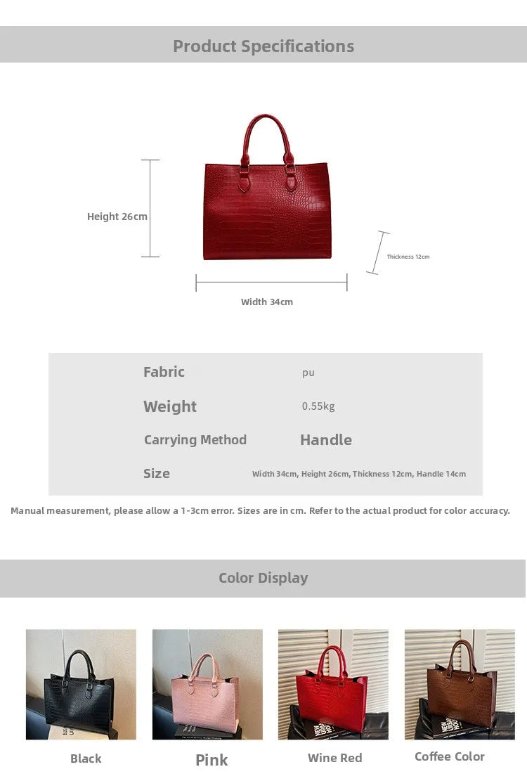 Spring 2025 Large Capacity Fashionable Handbag Casual Commuting Trendy Crocodile Pattern Tote Bag Street Style PU Material
