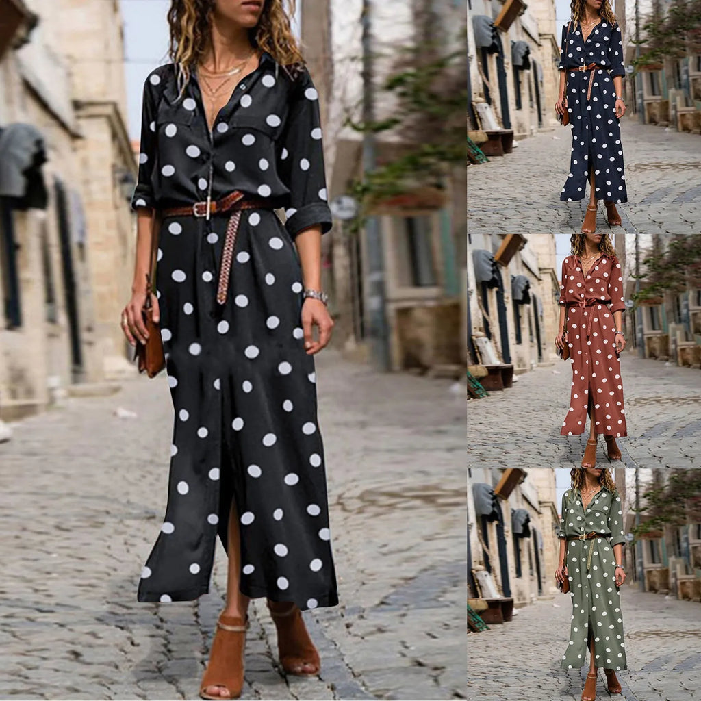 Summer Polka Dot Print Maxi Dress Women's Button Up Split Flowy Shirt Long Dresses Slim Long Sleeve Shirts Dresses With Belt