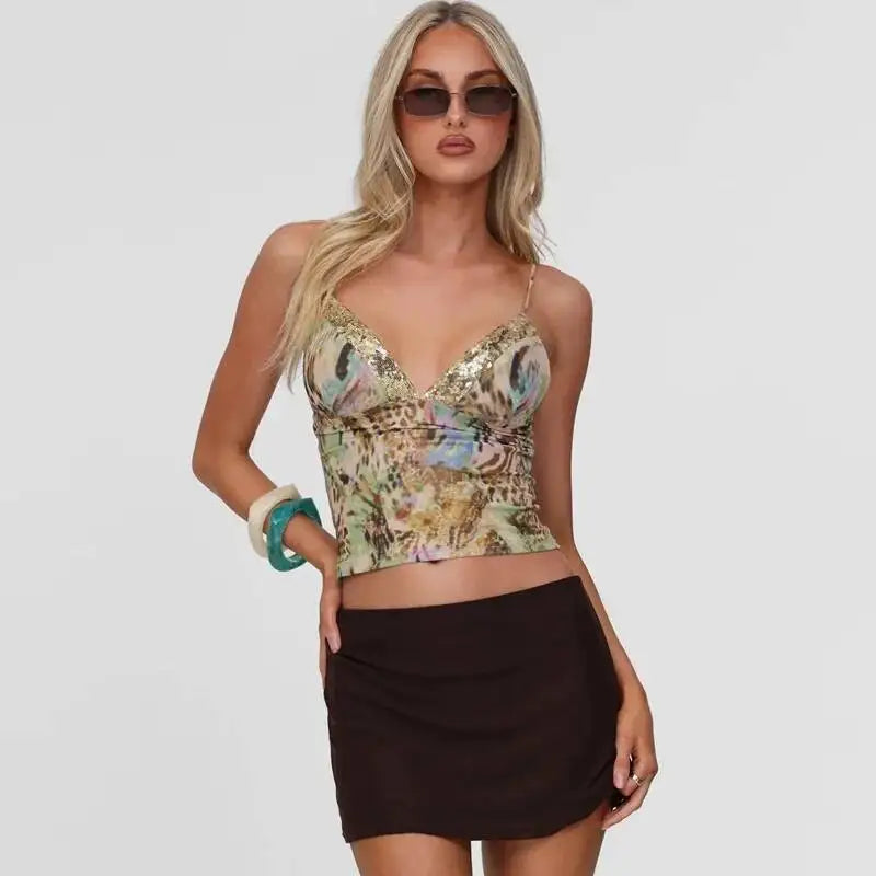 Avrilyaan Sequin Patchwork Deep V Printed Crop Top Women Slim Summer Street Party Top