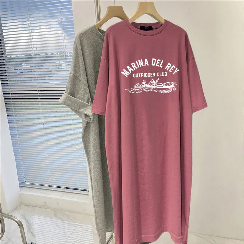 Women's Plus Size Printed T-Shirt Dress - Round Neck, Short Sleeves, Loose Fit