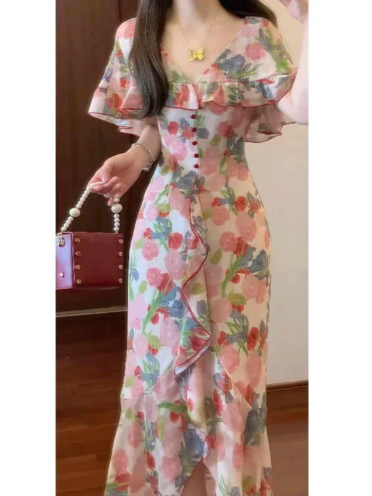 Romantic Elegant Vintage Floral Print Women's Dress Summer Slimming Long Skirt High Waist Short Sleeve A-Line Midi Dress