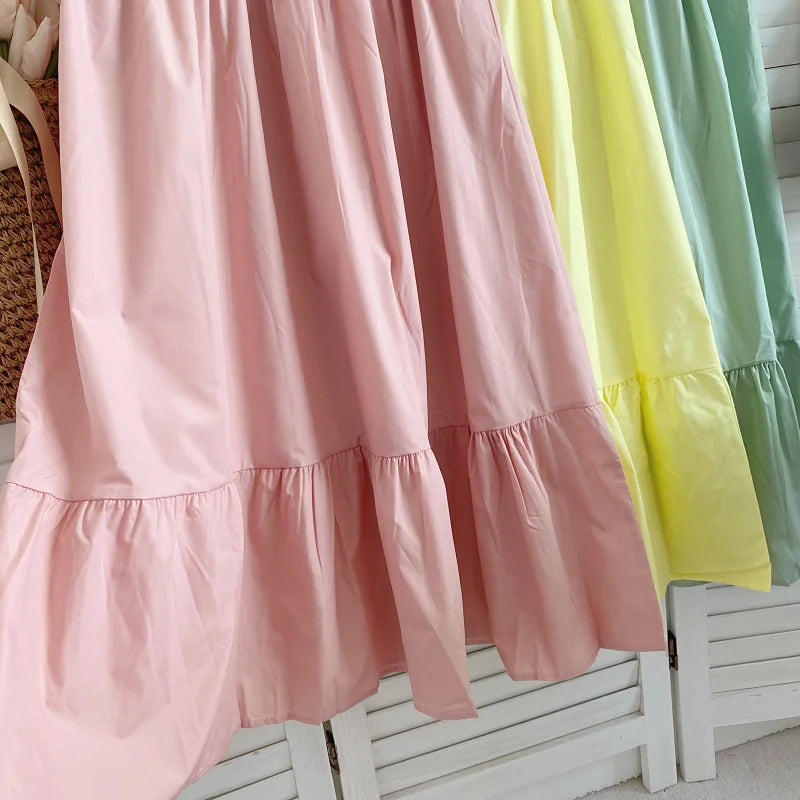Retro Elegant  Color V-neck Bubble Sleeve Waist-cinching Slimming Casual Lace Trim Dress Women Summer Midi Dress