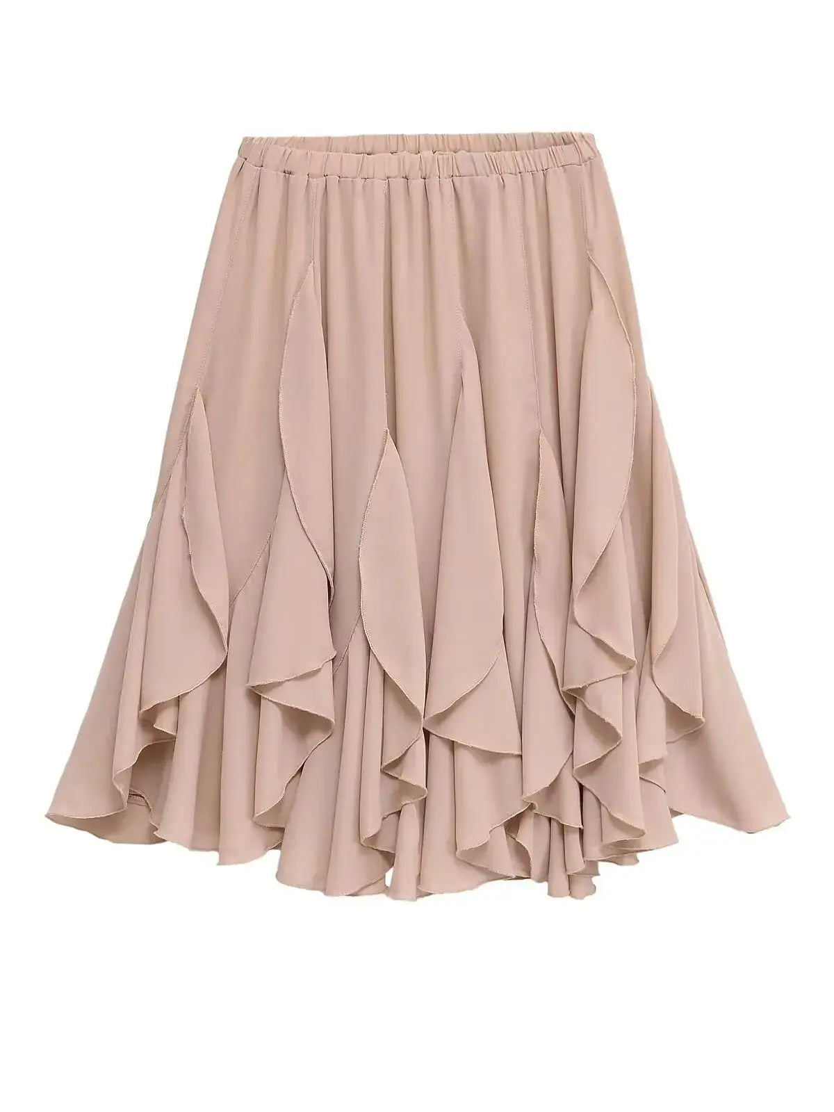 2026 Chic Women's Casual High Quality Knee-length Pink Layered Skirts Ladies Elegant A-line Tierred Ruffles Elastic Midi Skirt