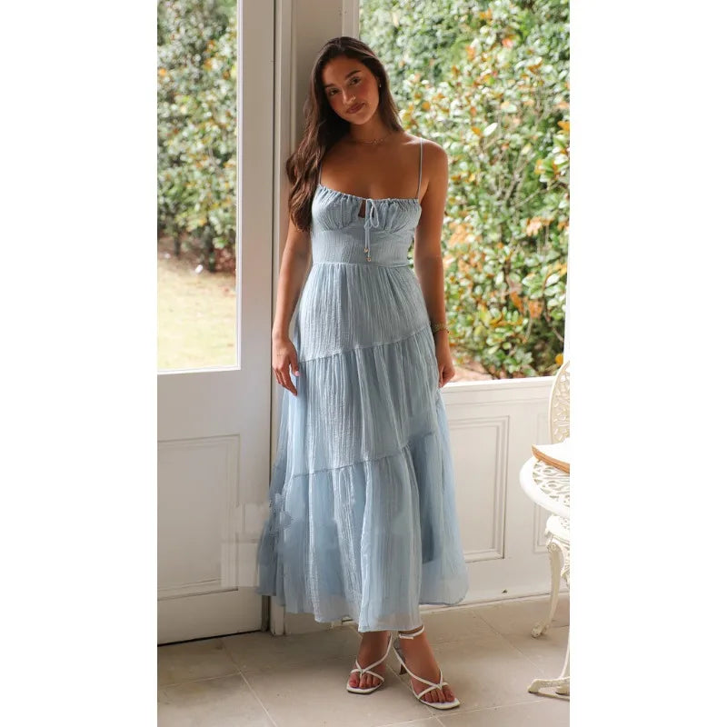 Women Spaghetti Strap Front Tie Tiered Flowy Backless Maxi Dress