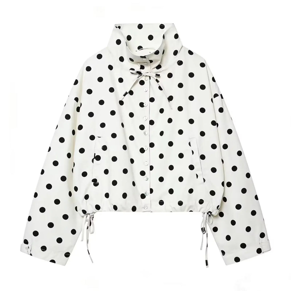 Woman Long Sleeve Pink Polka Dot Jacket Fashion Single Breasted High Collar Short Coat Women Spring Casual High Street Jacket