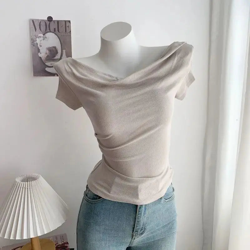 Summer Short Sleeve T-Shirt Shoulder Bared Open Neck Irregular Pleated Korean Style Slim Fit Pure Color Modal Fabric Ladies Top