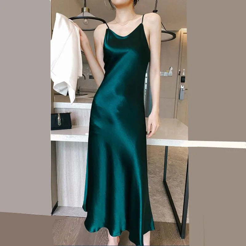 2026 fashion Sexy Satin Long Dress Summer Lady Acetate satin Party Dress High Waist Slim Female Retro Dress Red Pink robe femme