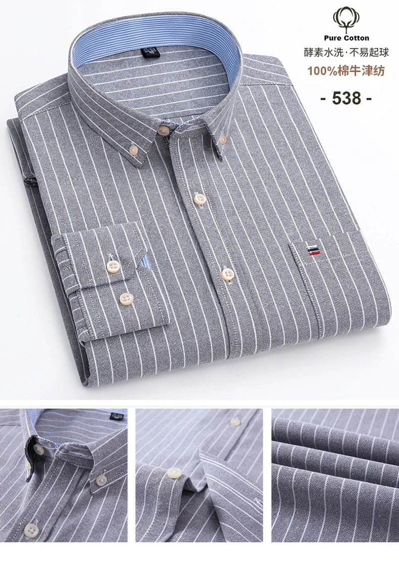 New 100% Cotton Oxford Men Shirts Long Sleeves Plaid Soft Regular Fit Formal Dress Shirt Pocket Social Blouse Male Clothes S-7XL