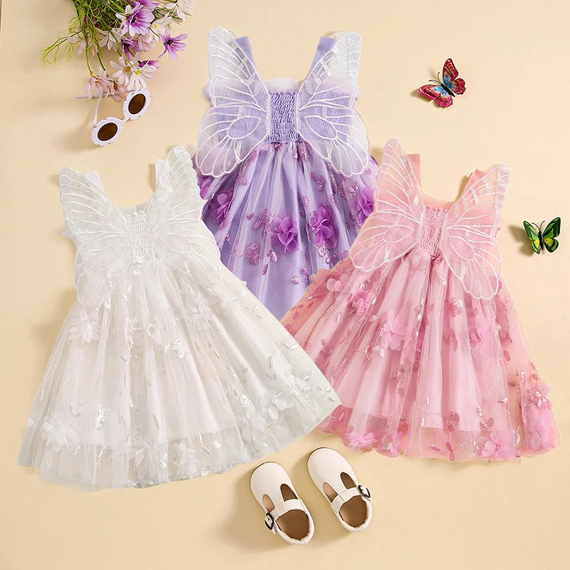 Toddler Baby Girls Birthday Party Sleeveless Dress Summer 3D Flowers Cute Tulle Princess A-Line Dress with Butterfly Wing