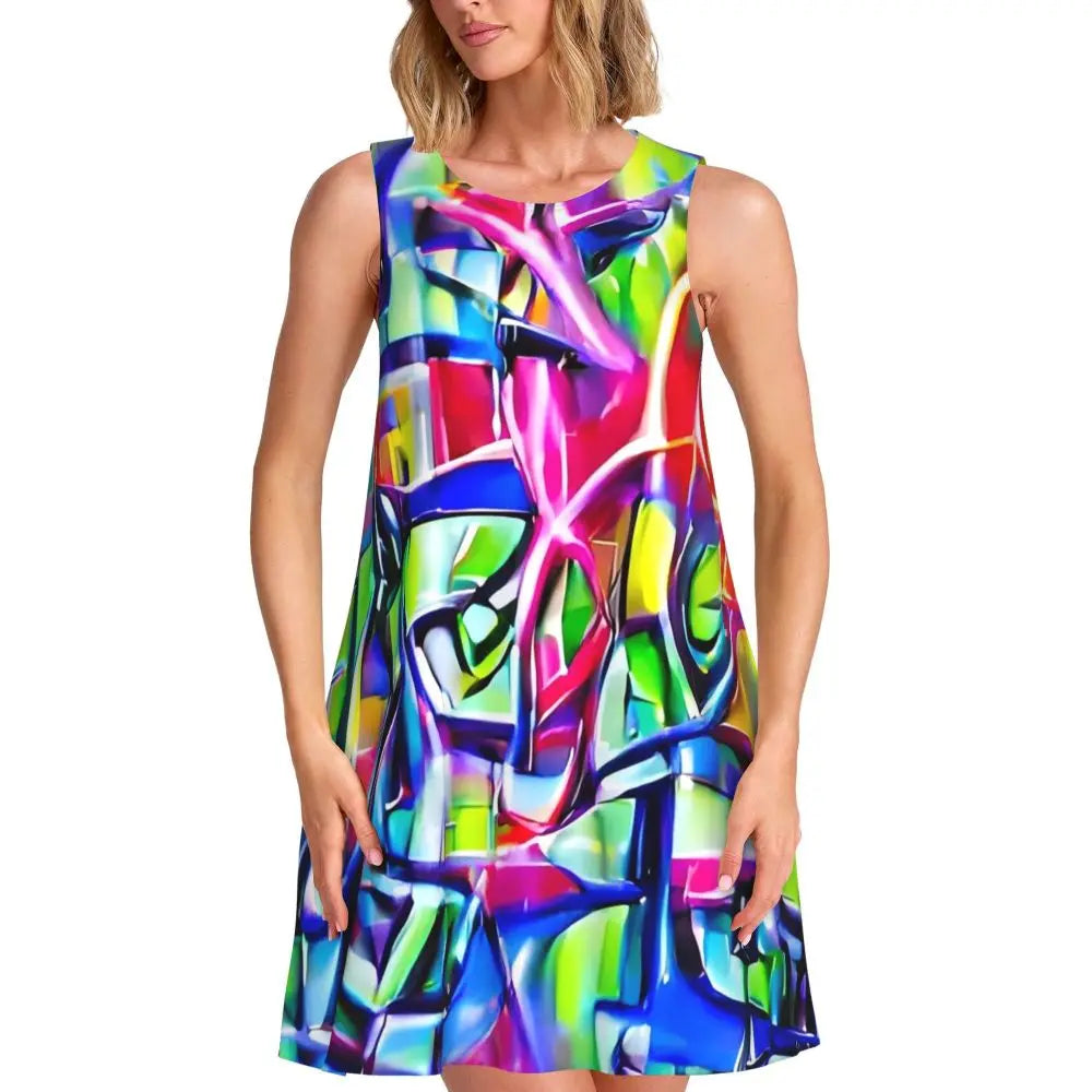 Shiny Graffiti Casual Dress Colorful Print Sleeveless Boho Dresses Women O Neck Street Fashion Dress Day Print Vestidos Present