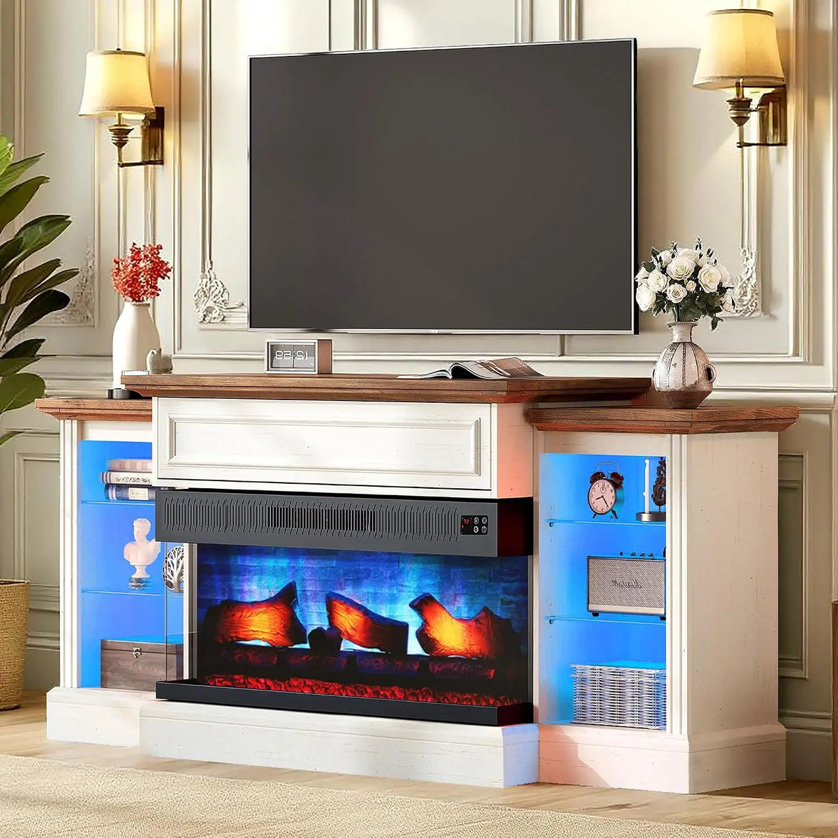Farmhouse 60" Fireplace TV Stand with 28" Electric Fireplace | 3-Sided Electric Fireplace, Media Entertainment, Customized