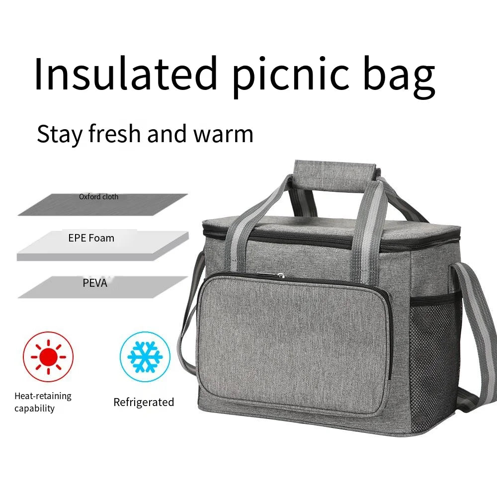 Bolsa Térmica Aislada Grande Negra Impermeable Antifugas Engrosada de Mano/Hombro para Picnic al Aire Libre