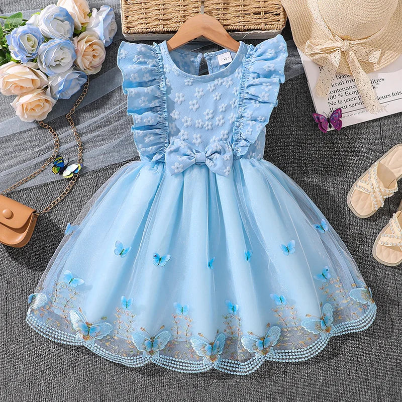 2026 New Children Cute Puff Dresses Kids Bow Embellish Butterfly Print Skirt Girls Birthday Party Trend Gown Baby Sweet Clothes