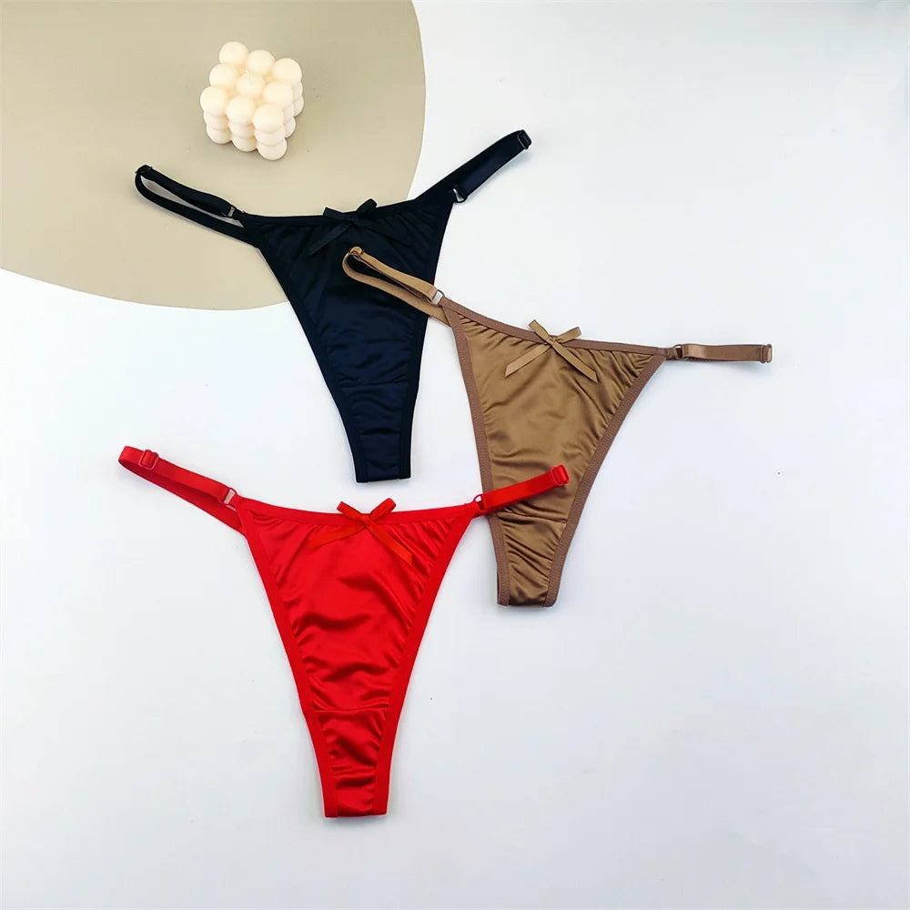 3PCS Adjustable Satin Thong Women Sexy G-string Underwear Low Waist T Back Peach Buttocks Tempting Sexy Bow Lingerie