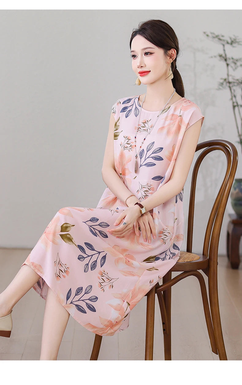 New Fashion Vintage Floral Print  Sleeveless Casual Party Femme Summer Dresses For Women 2025 O-neck Straight Women Clothing