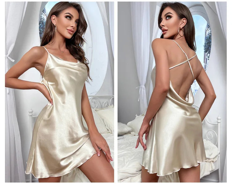 Sexy Lace Satin Silk Mini Dress Women Nightdress Sleepwear Cross Strap Pile Pile Collar Slip Backless Night Dress Pajamas