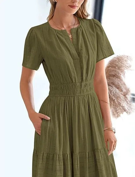 Summer Solid Color V-neck Tight Waist Dress French Style Elegant Pleated Large Swing Long Dress Casual Vacation Style Slimming M