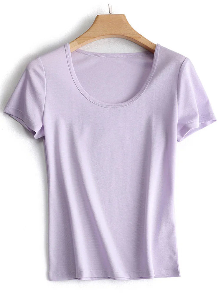 SuyaDream Women's Silk Acetate Blend Knit T-Shirt - Square Collar