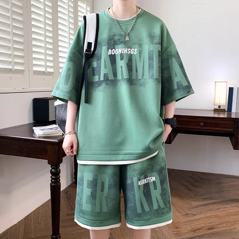Summer Men'S Large Suit S-6Xl New Trendy Two Piece Set Korean High Street Fashion T-Shirt Shorts Tracksuits Designer Clothes Men