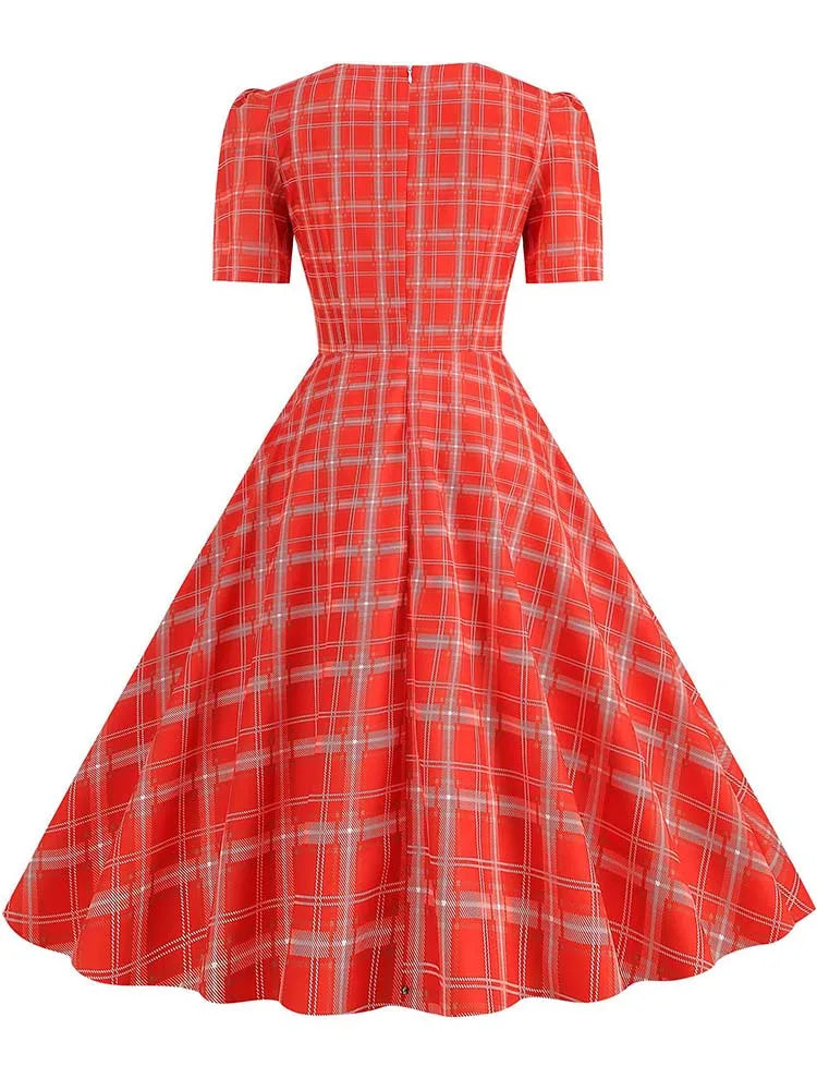 Pink Plaid Swing Party Dresses Women Elegant Vintage Square Collar Short Sleeve Casual Summer Dress