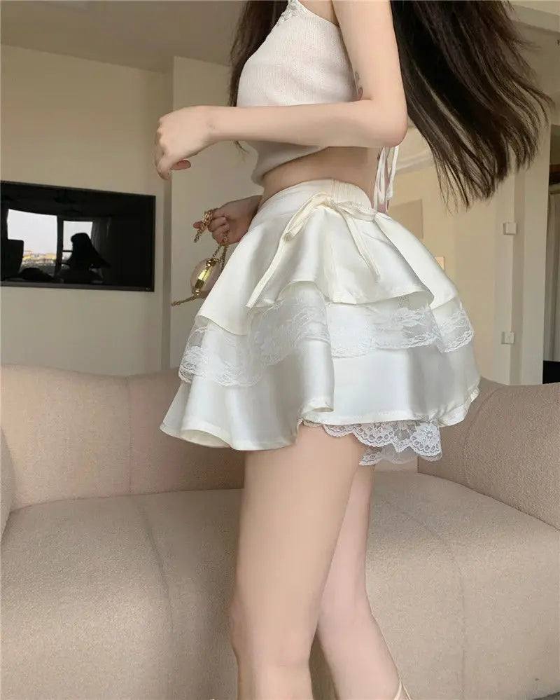 White Mini Skirts Women Lace Patchwork Sweet Ball Gown Sexy French Style Ruched Ruffled High Waist Summer Layered Romantic Gril