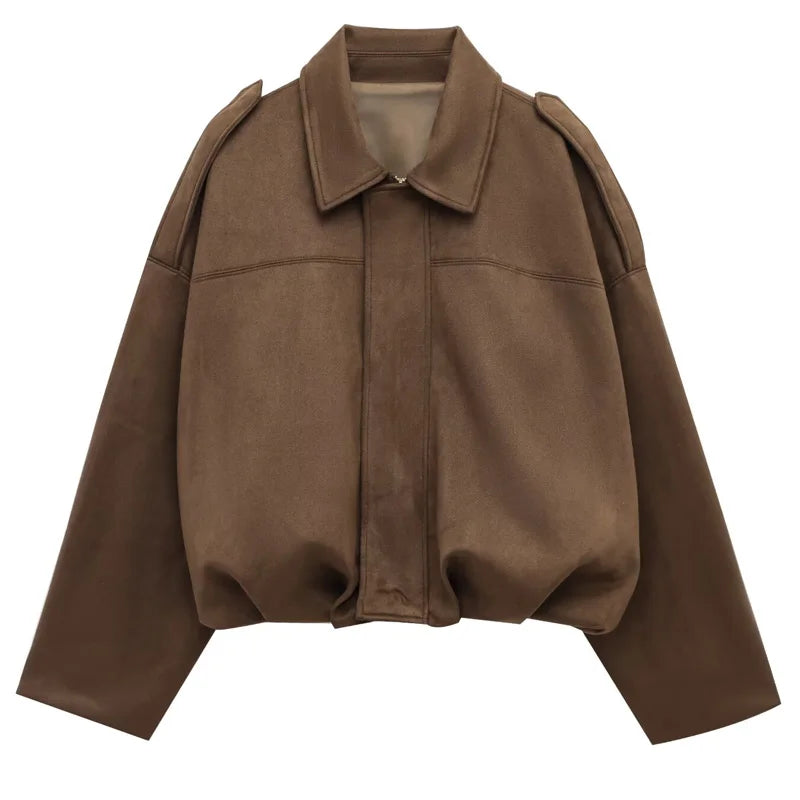 Women's Suede Bomber Jacket - Cropped Loose Fit Zip-Up